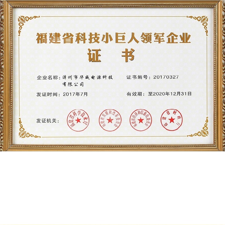 漳州市華威電源榮獲福建省“科技小巨人領(lǐng)軍企業(yè)”榮譽(yù)稱(chēng)號(hào)。
